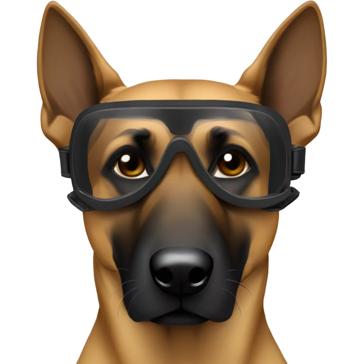 Tan Belgium malinois facing forward wearing black goggles emoji