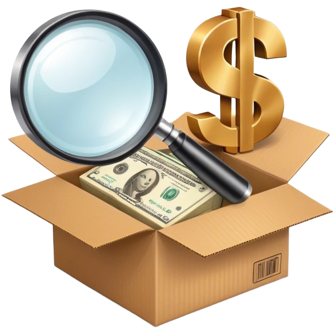 Magnifying glass searching for a cardboard box with a dollar sign, representing finding profitable suppliers. emoji