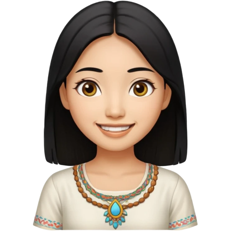 30 yr old asian woman center parted hair big eyes big smile tanned skin straight black hair hippie part hair white blouse emoji