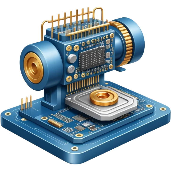 An icon featuring a giant machine soldering a huge microchip, symbolizing engineering. The design includes mechanical gears, circuit boards, and a blueprint, representing the precision and innovation in designing and building technology. Transparent background highlights the art of engineering emoji