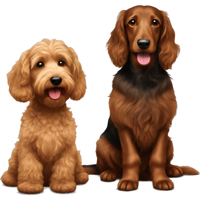  Brown goldendoodle and a black and brown longhair dachshund sitting together  emoji