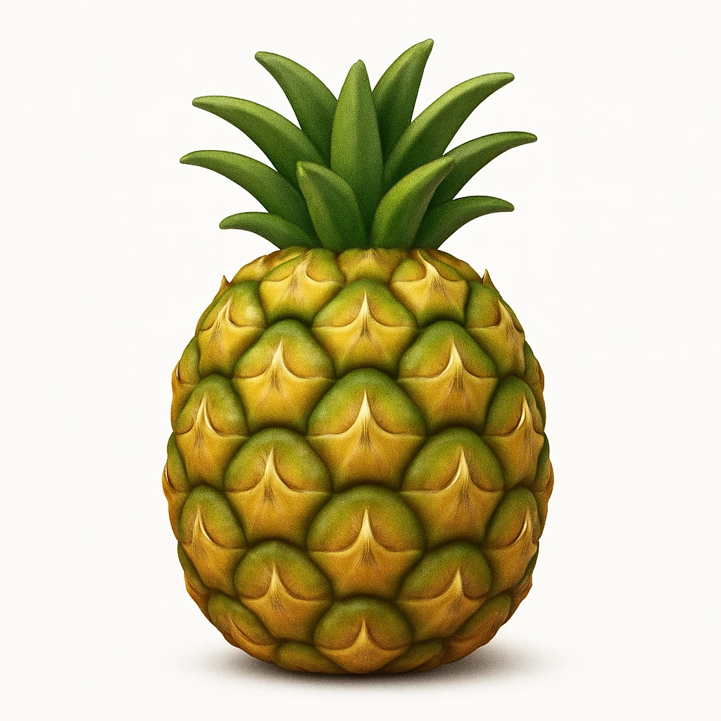 Create a pineapple emoji inspired by the reference image. The style should have realistic texture and detailed pattern but remain simplified and emoji-like. Add a soft shadow under the pineapple. emoji