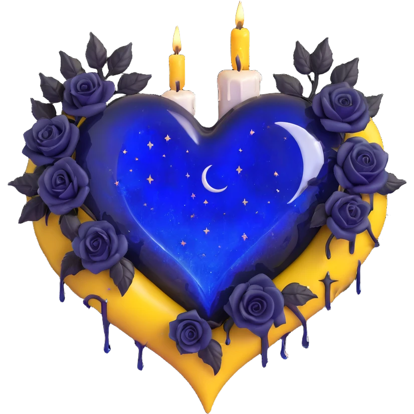 gothic heart made of midnight blue glass with a silver crescent moon, tiny black roses, shimmering stardust, dripping candle wax effect emoji