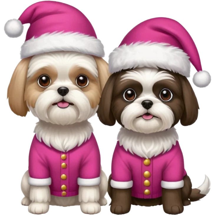 two dogs one little white all over shih tzu dog with pink santa hat and one bigger mostly white with black havanese dog wearing red christmas sweater and red christmas hat emoji