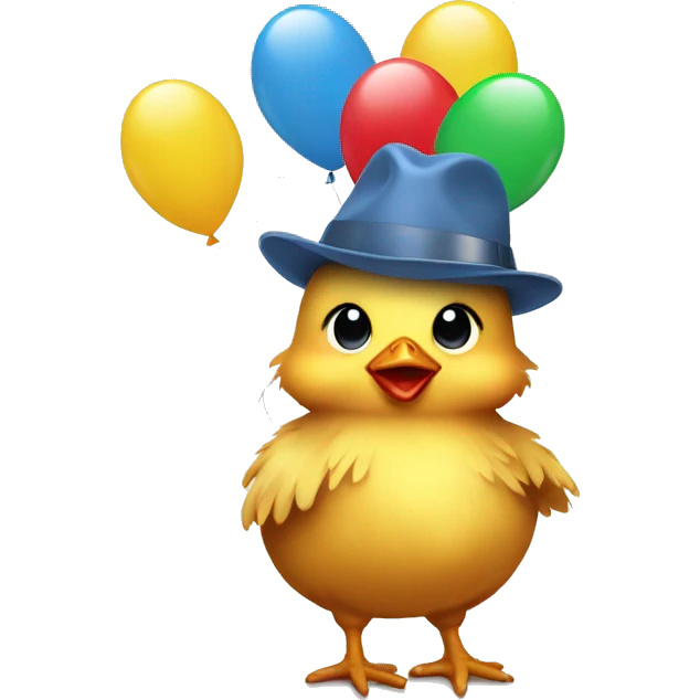 Baby chicken wearing hat holding balloon emoji