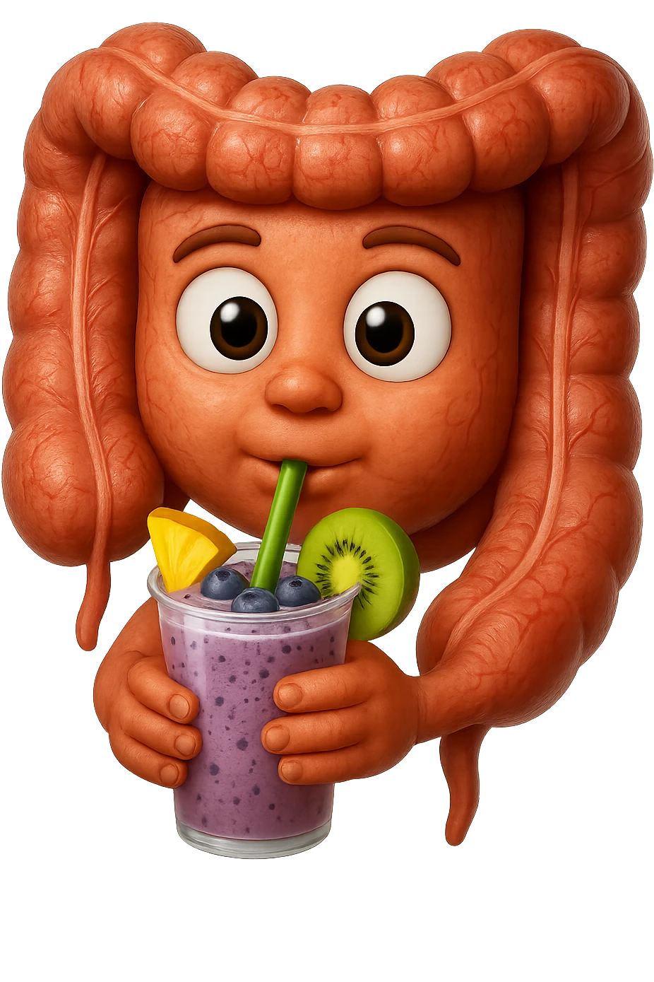 EMOJI STILE IPHONE DI un intestino umano anatomico che beve un frullato di mirtilli, ananas, kiwi, fagli anche la parte bianca degli occhi, non solo le pupille, REALISTICo 4K emoji