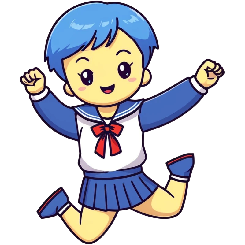 Energetic anime girl with short blue hair wearing Japanese sailor style school uniform, jumping excitedly with arms raised, very cheerful, kawaii style emoji