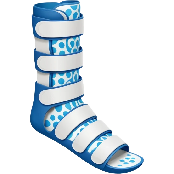 A orthopedic ankle-foot orthosis (AFO) for a small child. The brace goes just below the knee and its with a bright blue water-like pattern. It has white velcro straps across the foot and ankleand a spiral side design. emoji