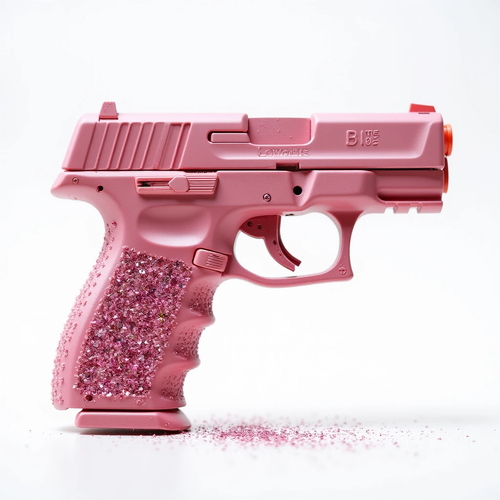 Add sparkling glitter details to the photorealistic pink heart pistol, keeping the glossy finish and white background. emoji