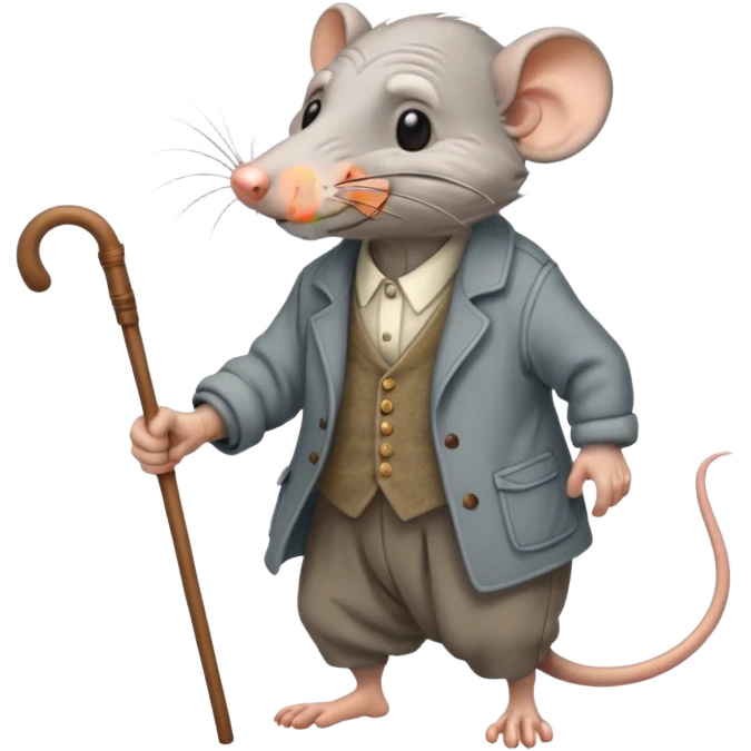 Old rat with wrinkles walking with old clothes and a cane  emoji