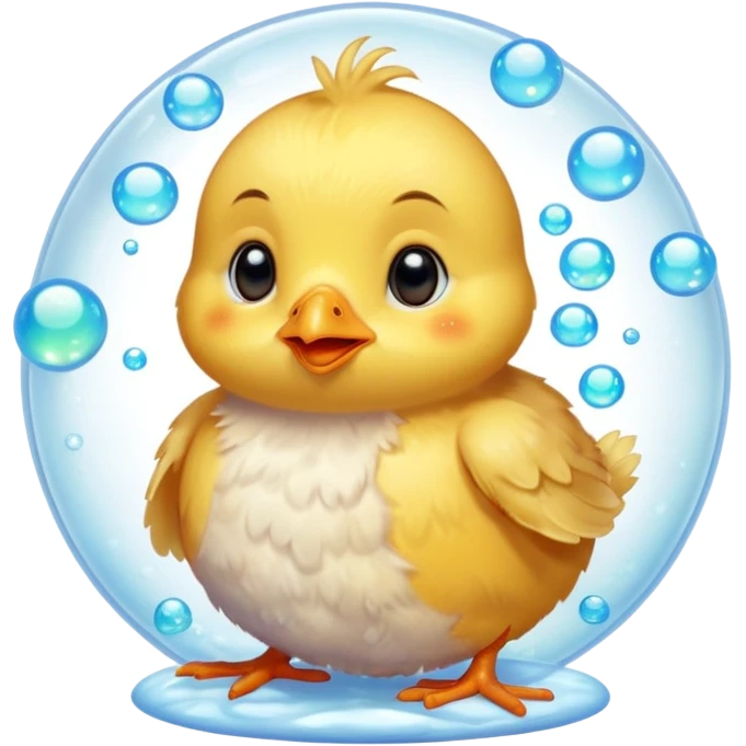 Hyperrealistic, soft furry colorful Baby chick surrounded by Hyperrealistic translucent opalescent bubbles, still life, isolated. 8k emoji