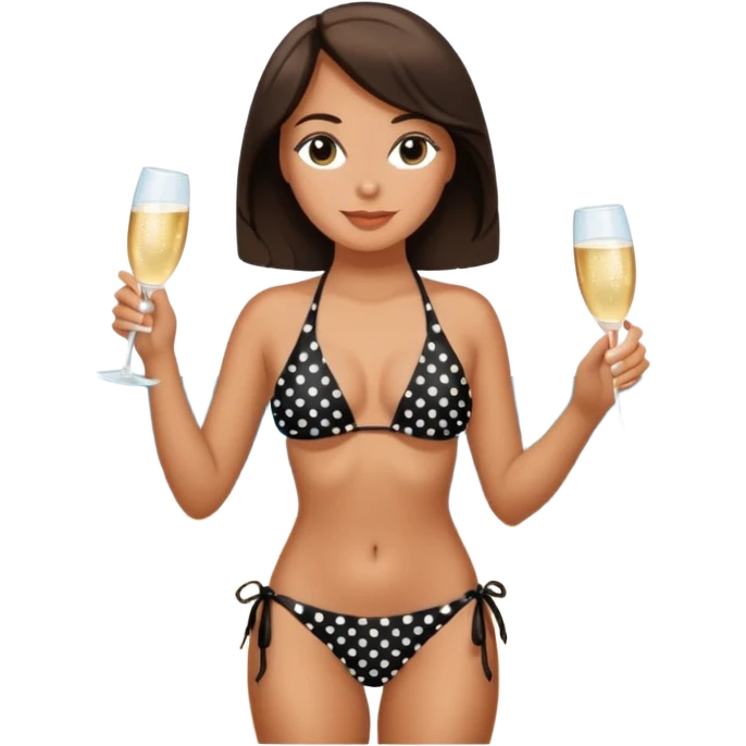 brunette woman in a black polka-dot bikini, standing on a beach with a glass of champagne emoji