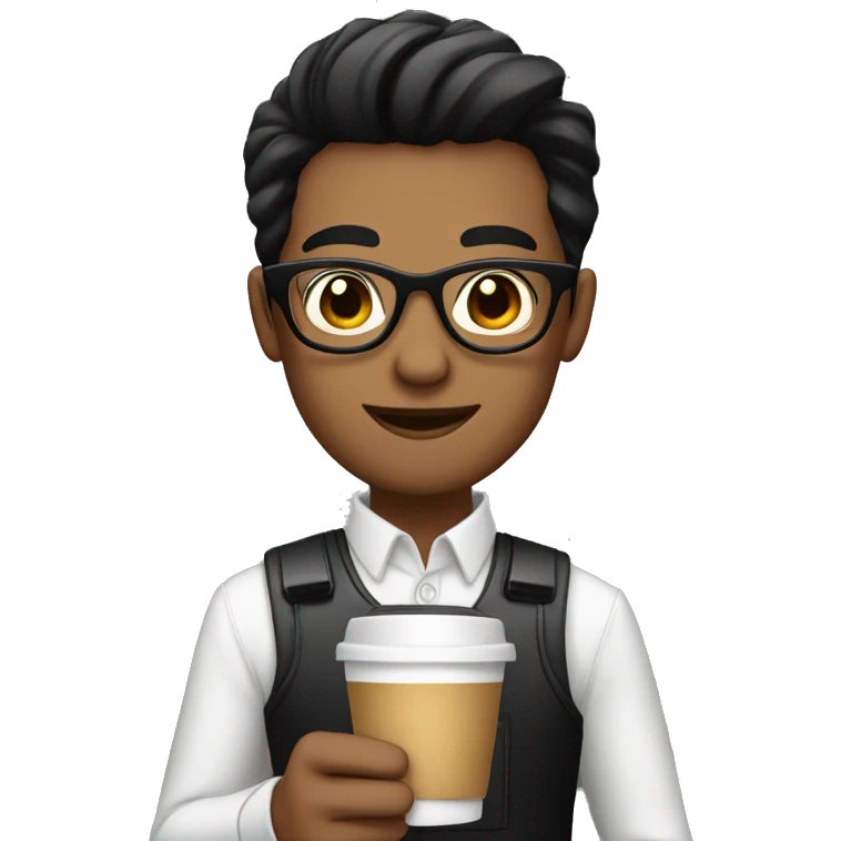 Barista with black hair, white skin, wearing glasses, and holding a coffe emoji