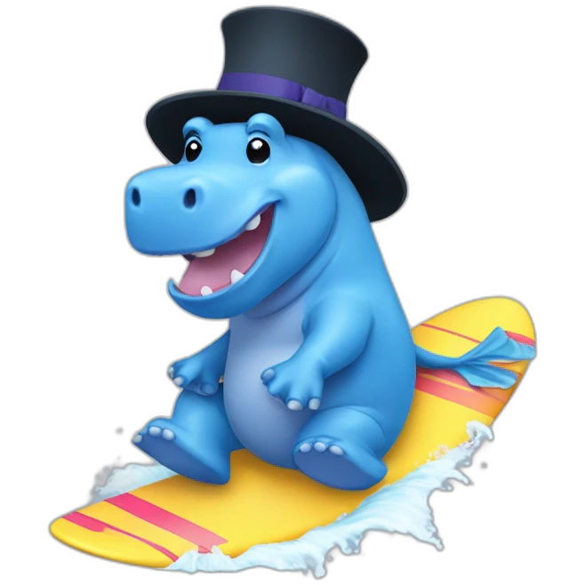 Blue hippo with a hat surfing emoji