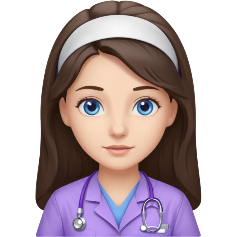 pretty brunette nurse with long hair and blue eyes in lilac scrubs emoji