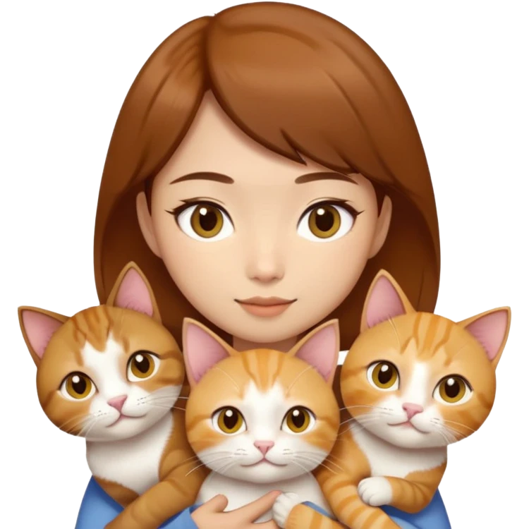 Asian girl, brown hair, brown eyes skin tone almond holding three cats one ginger, one yellow white one British short hair cream colour emoji