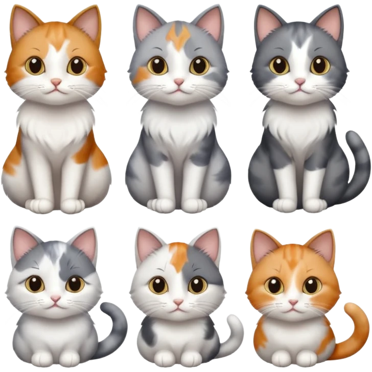 6 realistic looking cats with different natural coloured coats, assorted grey and white, greys, calico, brown and white colours etc
 emoji