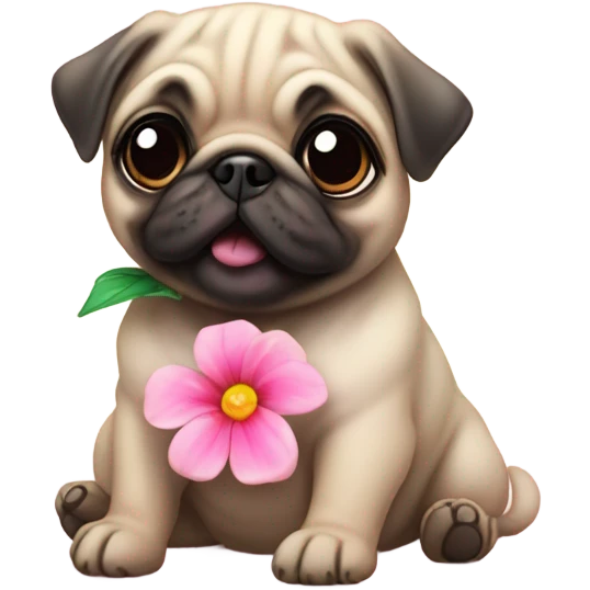 Baby pug playing with a flower pink eyes  emoji