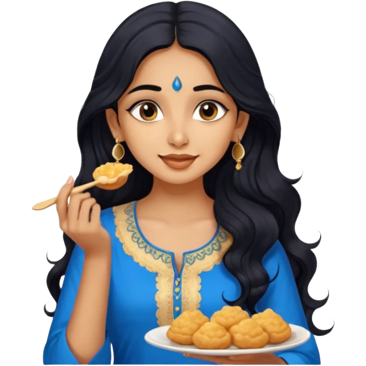 a pretty tan indian bratz girl with wavy long BLACK hair. eyeliner on, wearing a blue kurti, eating golgappa. NO SPOON emoji