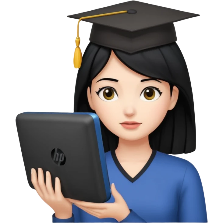 A girl is in front of an HP computer, holding it to her head, and her hair is black. emoji