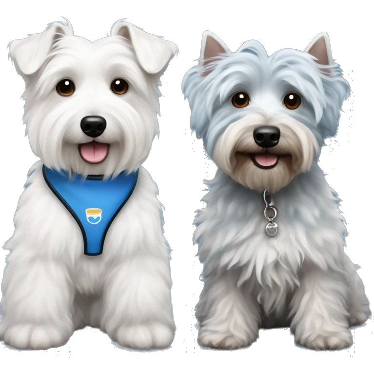 2 Dogs Side by side - one is a West Highland White Terrier and the other is a Blue Merle Miniature Poodle Mix emoji
