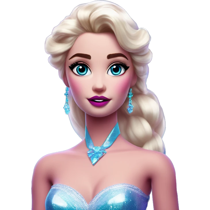 Synthwave Elsa in Barbie style, oil paint, epic eyes, intricate lips, exquisite pose, beautiful, desirable, logical emoji