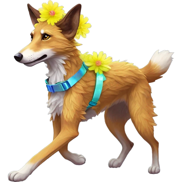  brindle fluffy lurcher fox running blue eyes fluffy ears and iridescent holographic oilslick harness wearing paper flower crown yellow caution tape neon sign emoji