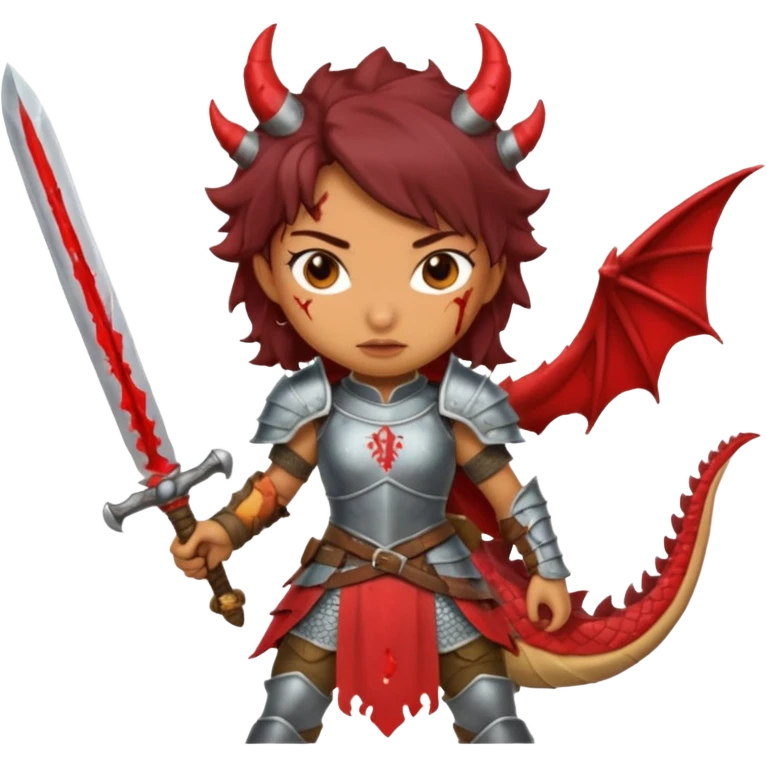 Fierce Latina in armor with a sword after a battle cutting off the head of a dragon emoji