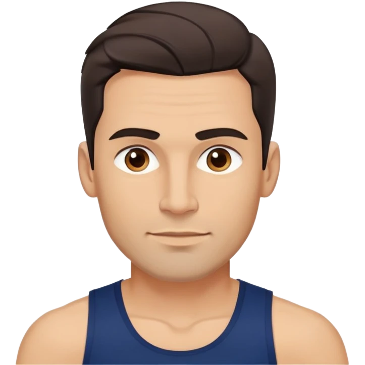 Youthful-looking athletic 40-year-old man with light brown skin, elongated face, defined jawline, attractive features, medium dark eyes, arched eyebrows, straight nose, confident expression, medium wavy dark hair with modern style, wearing a navy blue tank top emoji