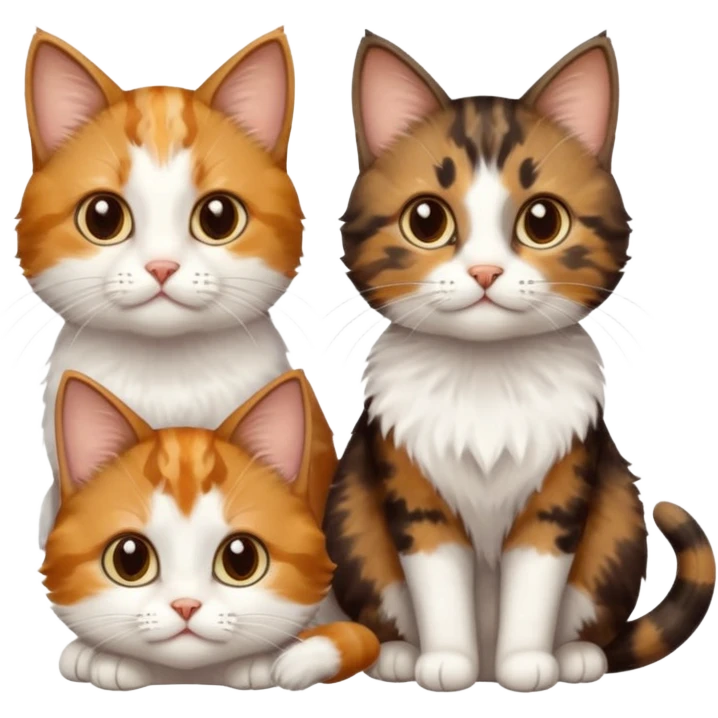 3 different coloured small cats including a dark brown tabby and white, and a patchy calico, and a ginger and white emoji