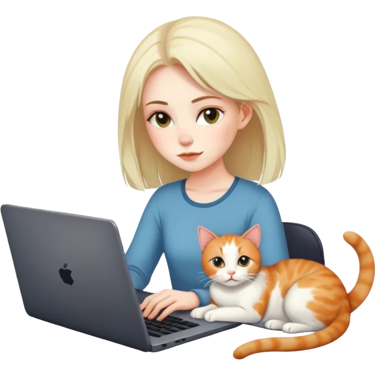 A girl is working on a laptop with a cat lying next to it emoji