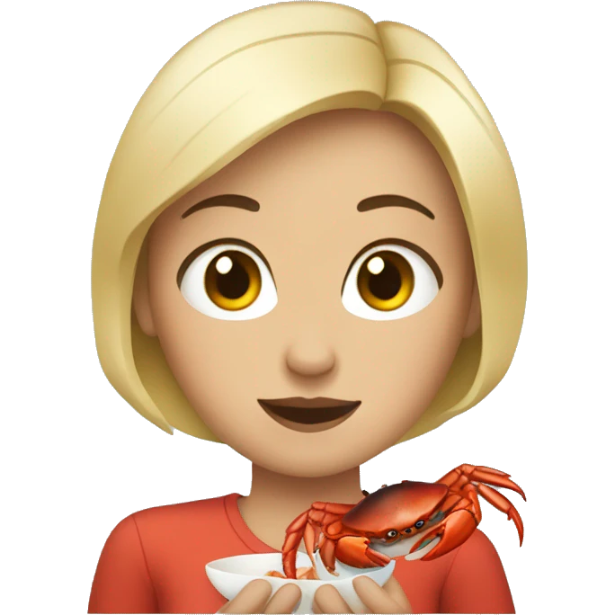 A white woman with short black hair getting ready to eat a crab. emoji