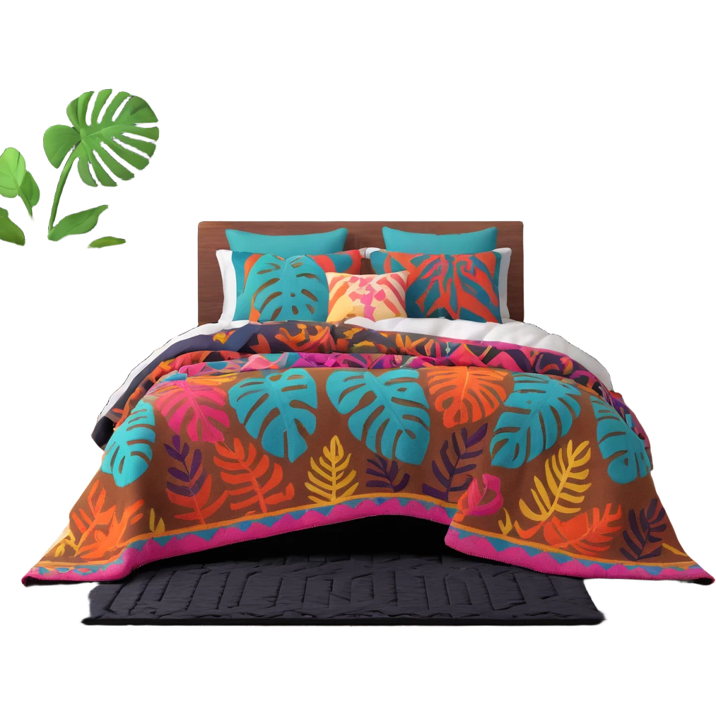modern boho bedroom with monstera plants, colorful textured rugs, and piles of cozy blankets emoji