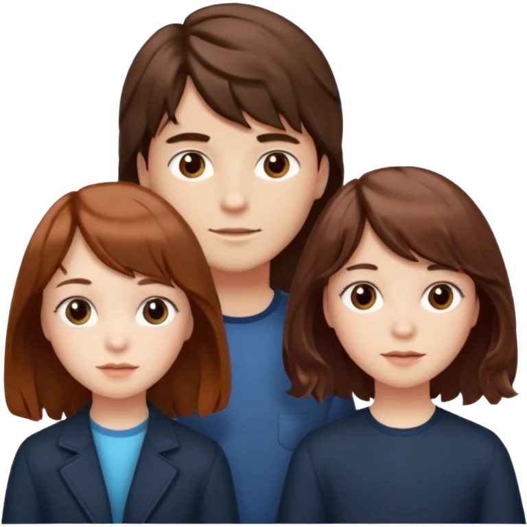 Two girls and a boy. Girl one has long, wavy, light to reddish-brown hair with bangs. Girl two has a dark-colored bob haircut. The boy has wavy, tousled, light to reddish-brown hair with a right side parting. emoji