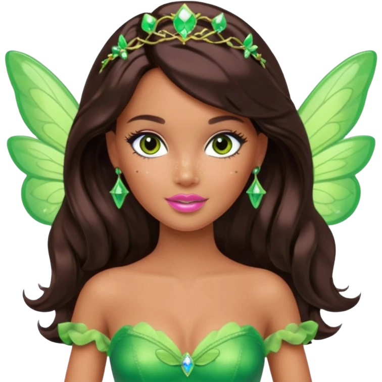 Pretty thick Barbie girl with caramel skin. Dark brown hair and brown eyes. She has freckles. Wearing sexy makeup. Wearing a green fairy costume and heels and flying emoji