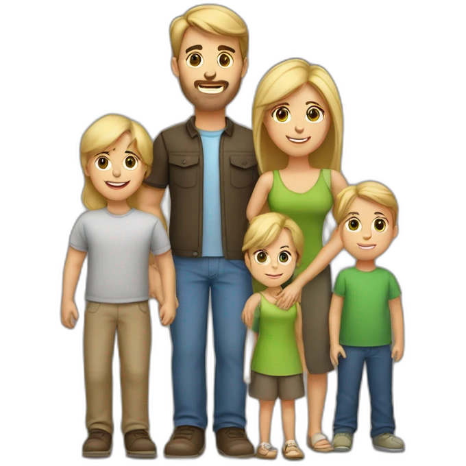 family of 2 parents 3 kids of two boys and one girl. mom and one son are blonde. everyone else has brown hair emoji