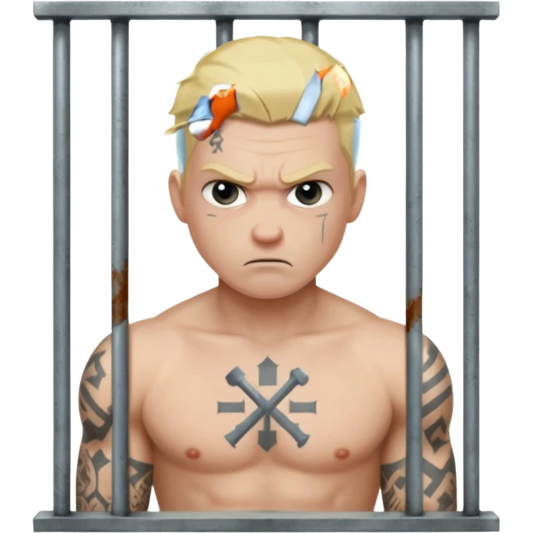 angry blonde tattooed male prisoner with prison cell bg emoji