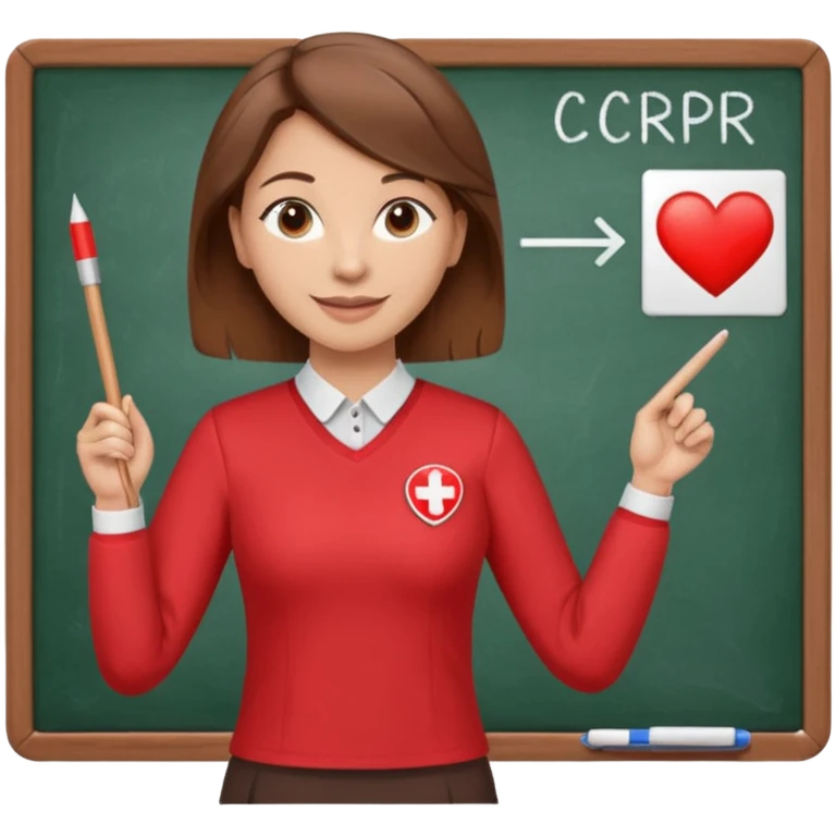 Happy Teacher, female, brown hair up, wearing a red long sleeve top holding a pointer stick to a white board with a CPR logo. emoji