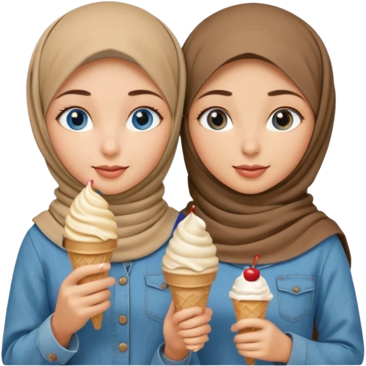 Turkish beautiful finish Konya two girls blue eyes with beige denim hijab islamic dress and had on her hand ice cream in cup emoji