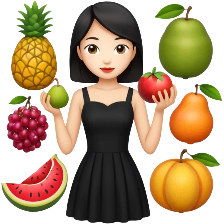 asian young woman in black dress with images of fruits on it emoji