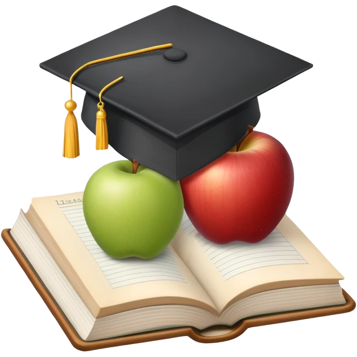 An icon featuring an open book, a chalkboard with lesson plans, and a pencil, symbolizing education and pedagogy. The design includes an apple and a graduation cap, representing teaching and learning. Transparent background highlights the growth and development in education. emoji