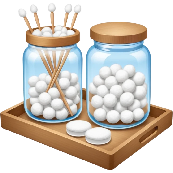 wooden tray with a jar of cotton balls, a jar of cotton swabs, a jar of cotton pads with wooden lids, with sparkles emoji
