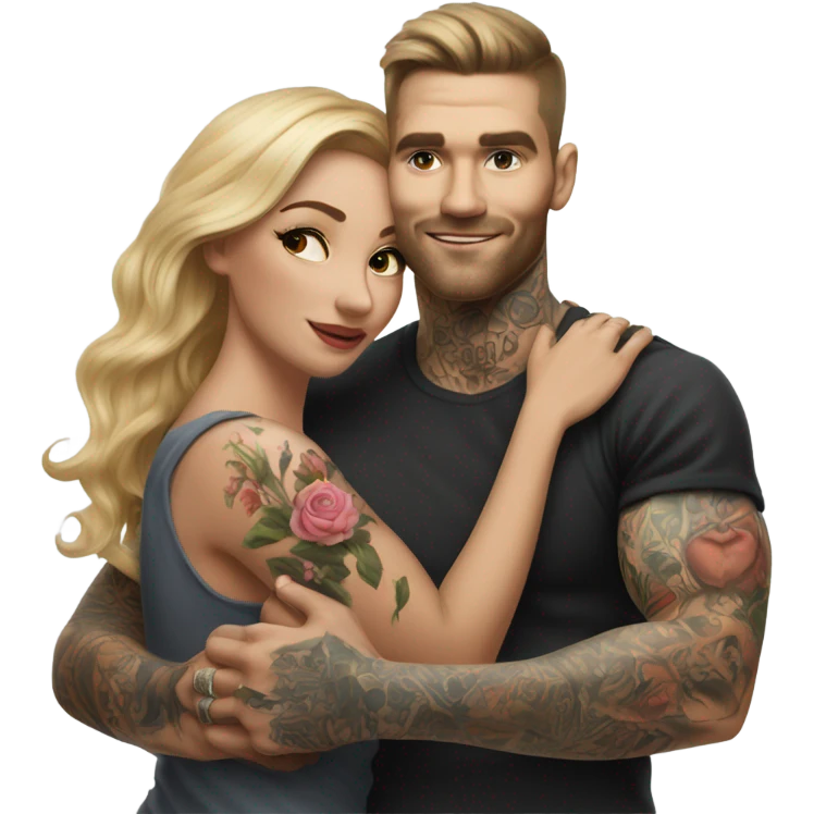 Hyper Realistic beautiful woman in the arms of a very handsome tattooed man playing  emoji