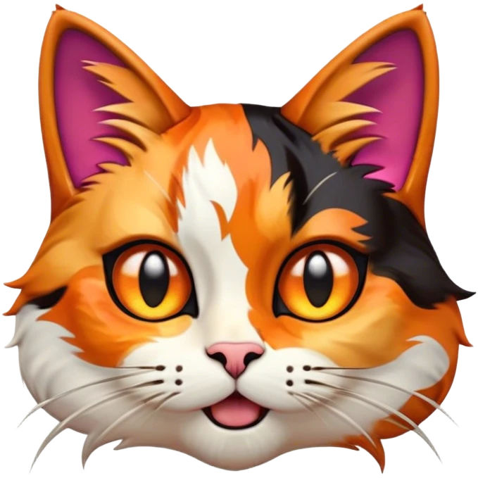 Cinematic Comical Calico Cat Portrait Emoji, Head tilted dramatically with an exaggeratedly surprised expression, showcasing a vibrant patchwork fur of orange, black, and white with wide, comically expressive eyes, simplified yet hilariously detailed, glowing with a sassy, golden radiance, high shine, exuding playful mischief and cheeky feline attitude, styled with a soft glowing outline, capturing the essence of a calico cat that looks ready to leap off the screen with mischievous flair! emoji