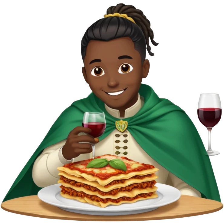  High fade widows peak ponytail dreadlock male black hair dark skin smiling and nigerian cape lasagna and wine while flying emoji