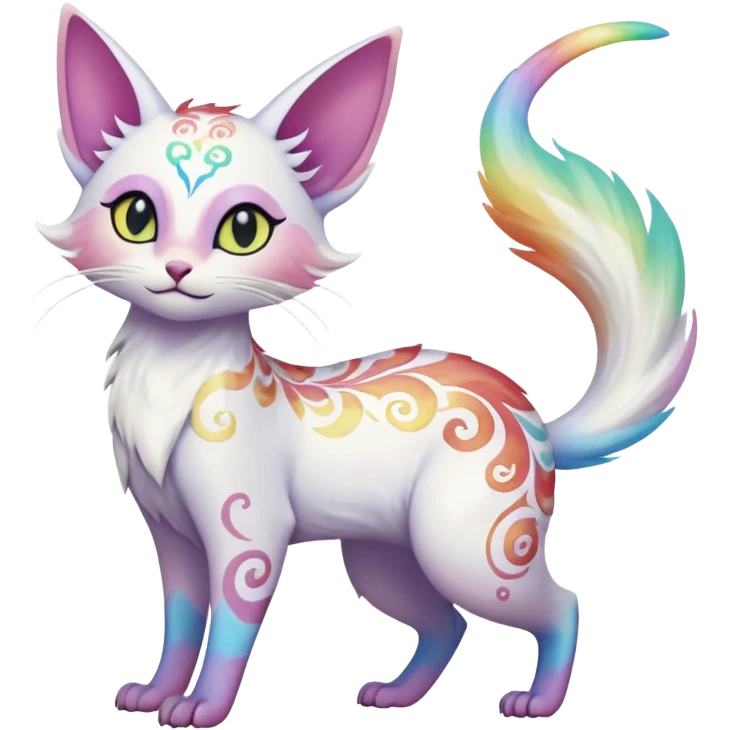 Pure-snow-White albino iridescent with pastel rainbow-gradients-color-markings with swirly patterns butterflies  faerie-Noivern-Noibat-Purloin-Torracat-Lykoi-Caracal-cat-Fakemon-fusion-hybrid-creature-jumping emoji