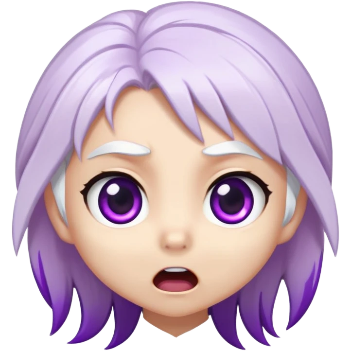 Chibi Sable Ward with shocked expression, wide purple eyes, mouth in an O shape, white hair with purple streaks, surprised look emoji