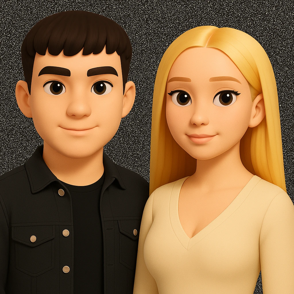Slightly increase the volume of the upper body of the girl, spread them far apart from each other, make the skin color the same for both characters, keep the cartoonish 3D style as in the reference image. emoji