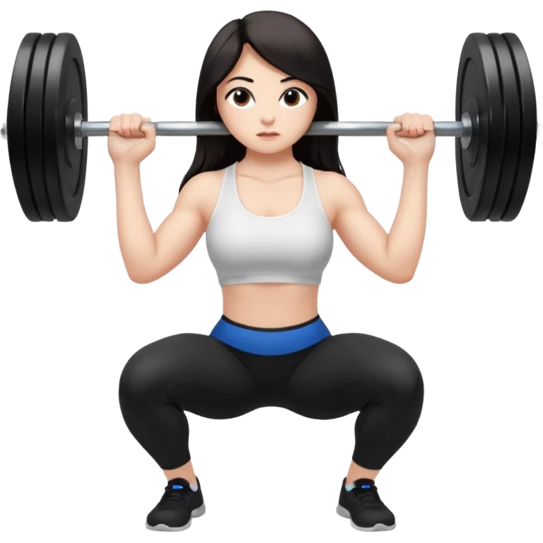 Девушка белокожая, с длинными темными волосами, в одежде для йоги - черные лосины, белый топ, делает присед со штангой 100 килограмм на плечах, правильные пропорции тела, только человек, весь эмодзи это вид в профиль emoji