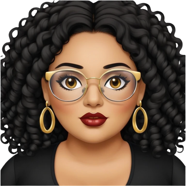 big plus size, latina, darker tan skin, long black curly hair, baddie,pretty, makeup, lipliner, black eyeliner, long hair, gold earrings, black top, glasses emoji